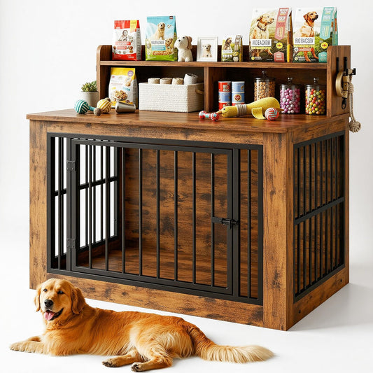 Pet Crate Cabinet with Top Storage Shelf and Bookshelf - main product front view