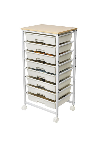 Narrow Gap 8-Drawer Rolling Storage Trolley with Wooden Top — White