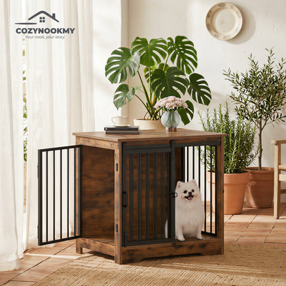 Rustic Wooden Pet Crate End Table with Steel Doors - alternative color or style variant