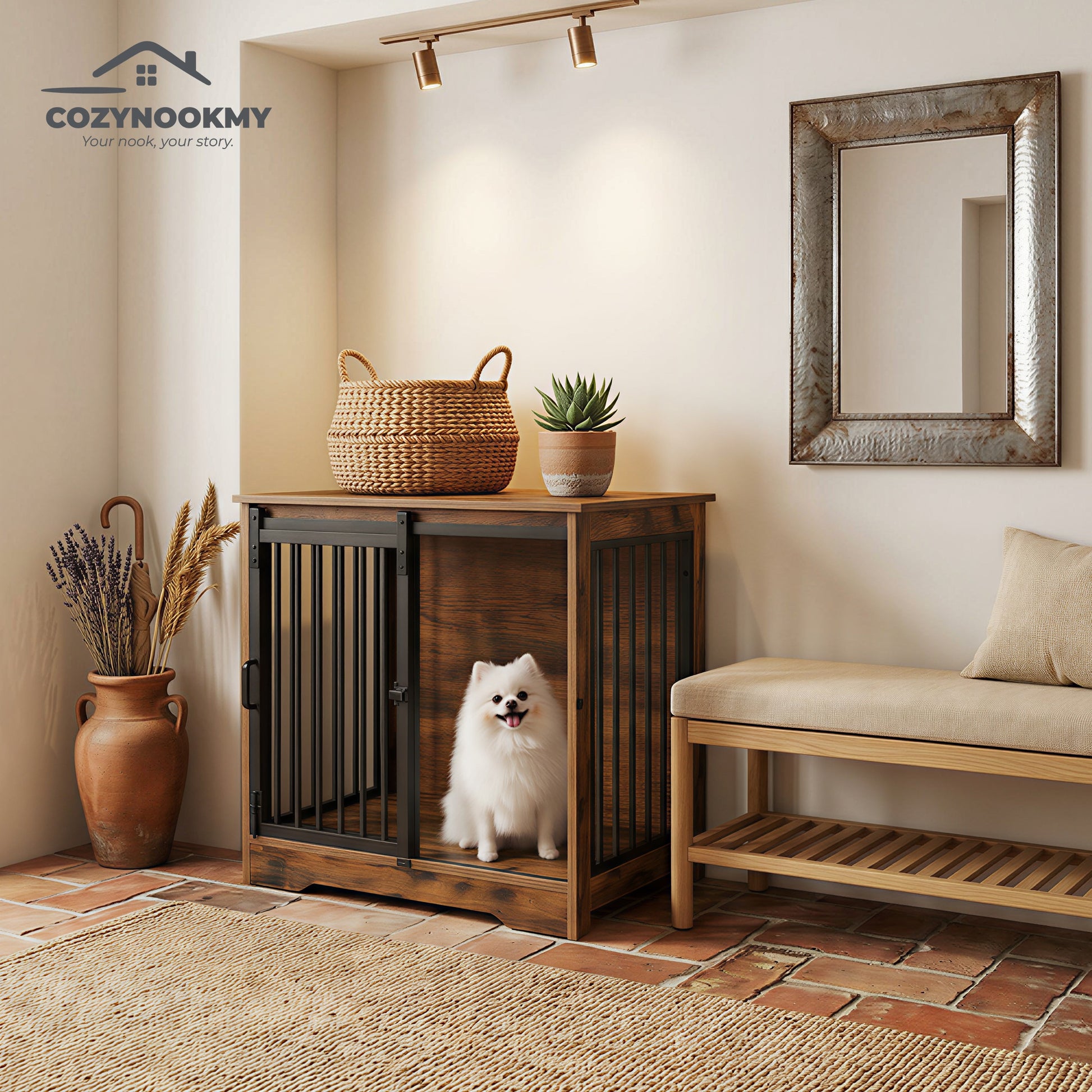 Rustic Wooden Pet Crate End Table with Steel Doors - interior organization use case