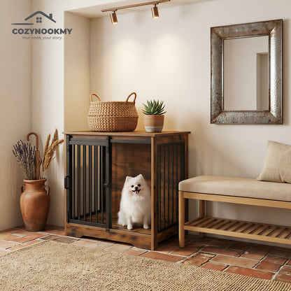 Rustic Wooden Pet Crate End Table with Steel Doors - interior organization use case