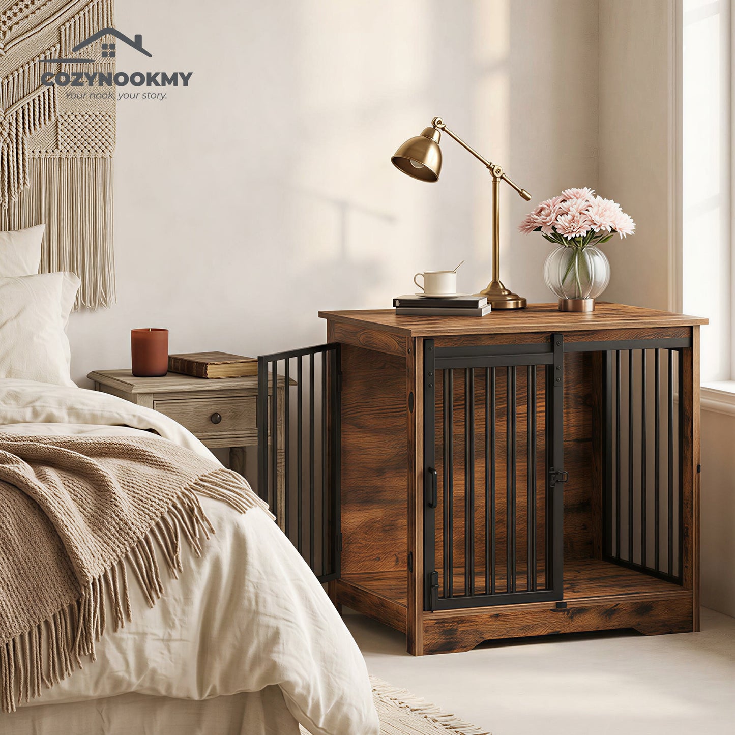 Rustic Wooden Pet Crate End Table with Steel Doors - detail close-up of material texture