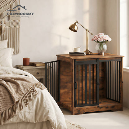 Rustic Wooden Pet Crate End Table with Steel Doors - detail close-up of material texture