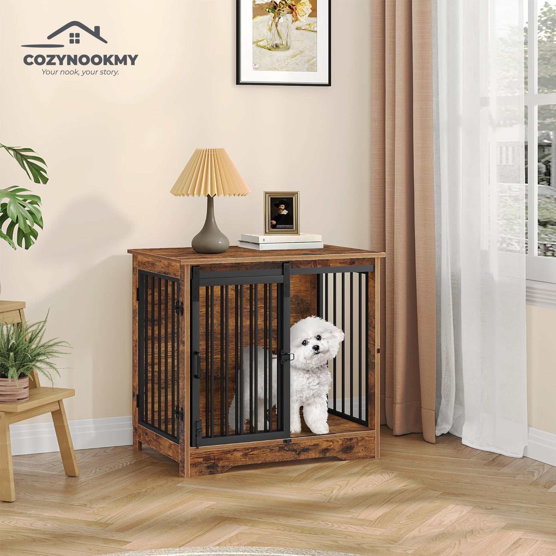 Rustic Wooden Pet Crate End Table with Steel Doors - lifestyle scene in modern living room