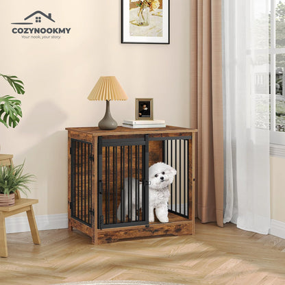 Rustic Wooden Pet Crate End Table with Steel Doors - lifestyle scene in modern living room