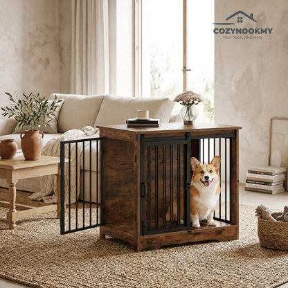 Rustic Wooden Pet Crate End Table with Steel Doors - side angle view showing dimensions