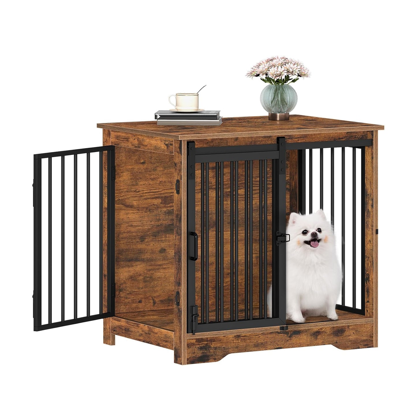 Rustic Wooden Pet Crate End Table with Steel Doors - main product front view