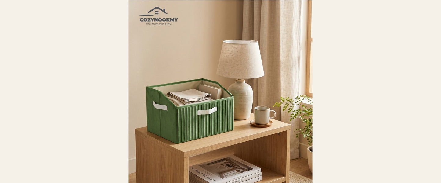 Green Minimal Velvet Storage Bin in Cozy Living Room - Banner
