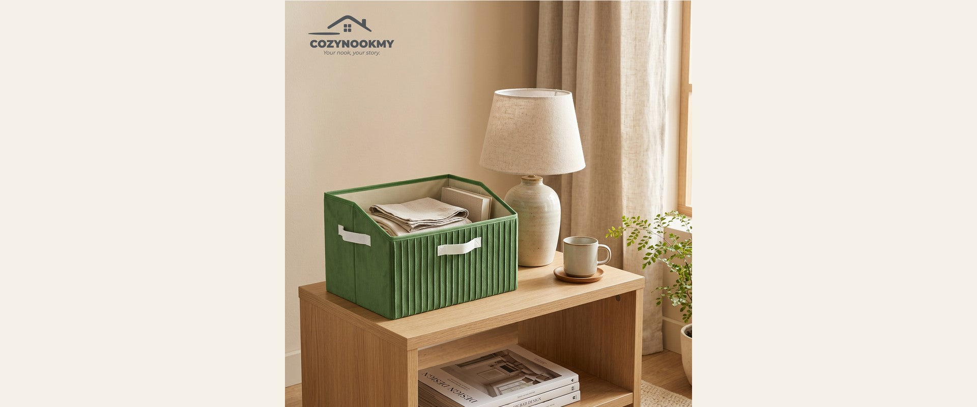 Green Minimal Velvet Storage Bin in Cozy Living Room - Banner